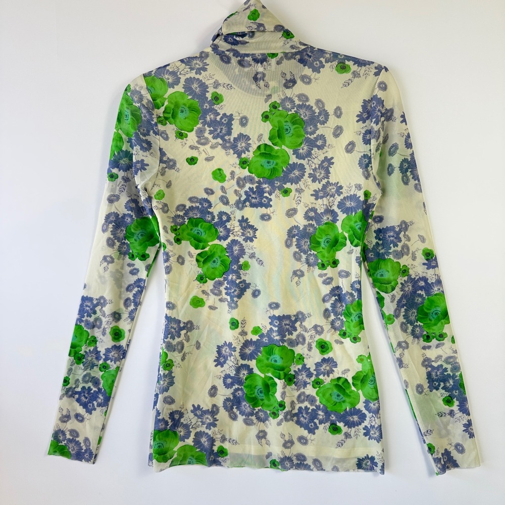 Ganni Floral Mesh Turtleneck Top Women Size 36 Green Purple Sheer Long Sleeve EX - Picture 4 of 11